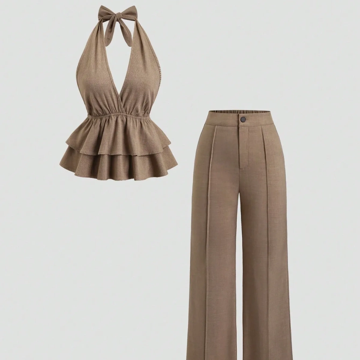 Conjunto de 2 piezas top escote en V con lazo y pantalón recto