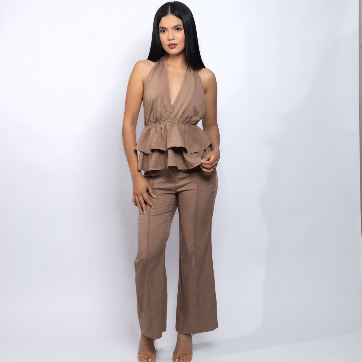 Conjunto de 2 piezas top escote en V con lazo y pantalón recto
