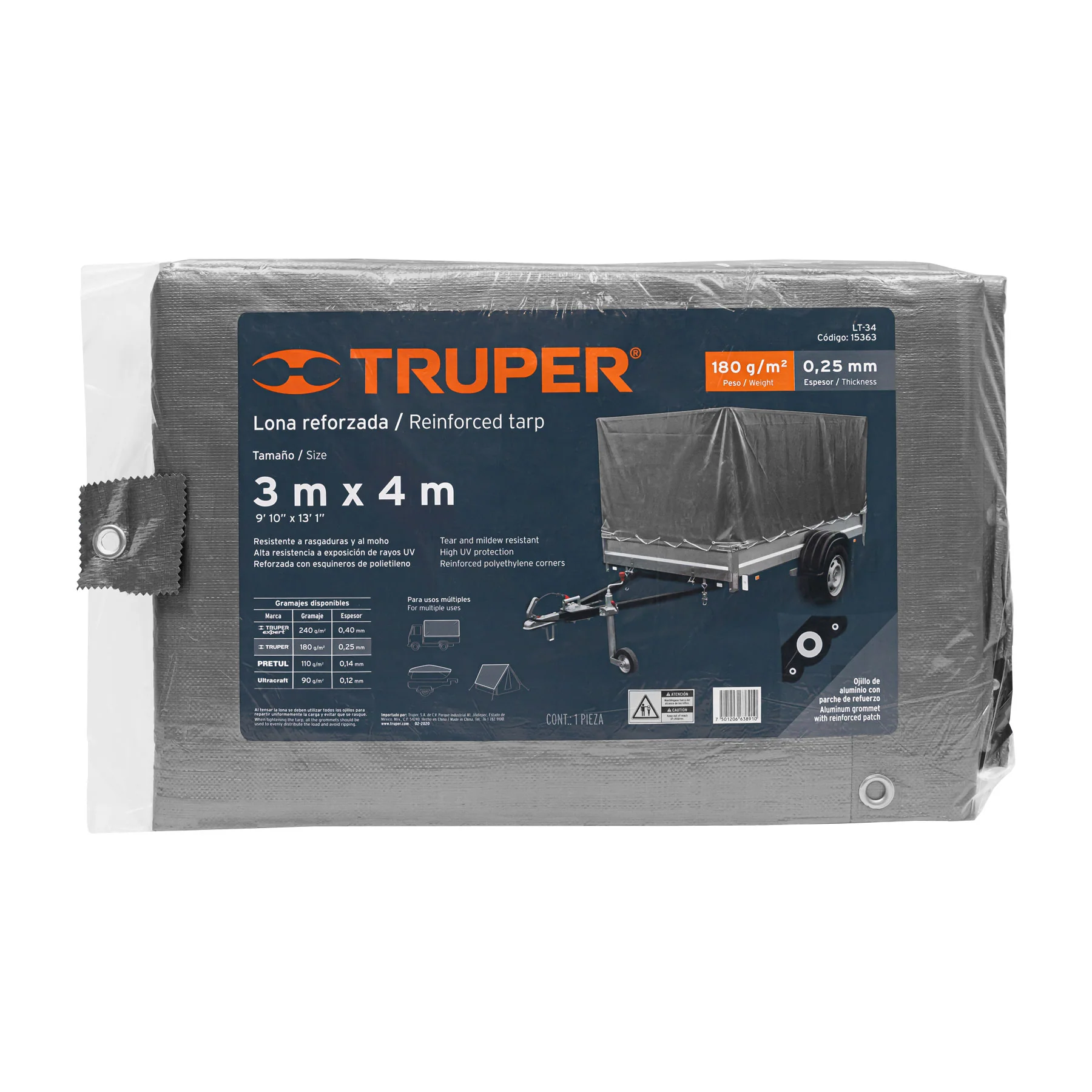 Lona de polietileno reforzada 3 x 4 m gris TRUPER