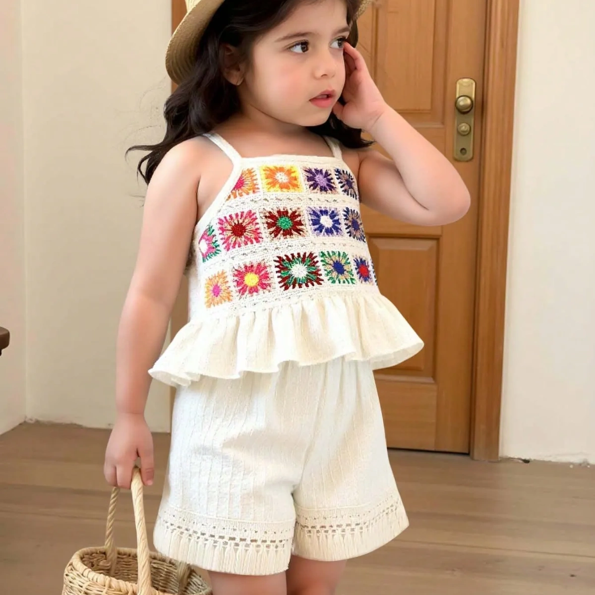 Top de tirantes y shorts a rayas con volantes y coloridos