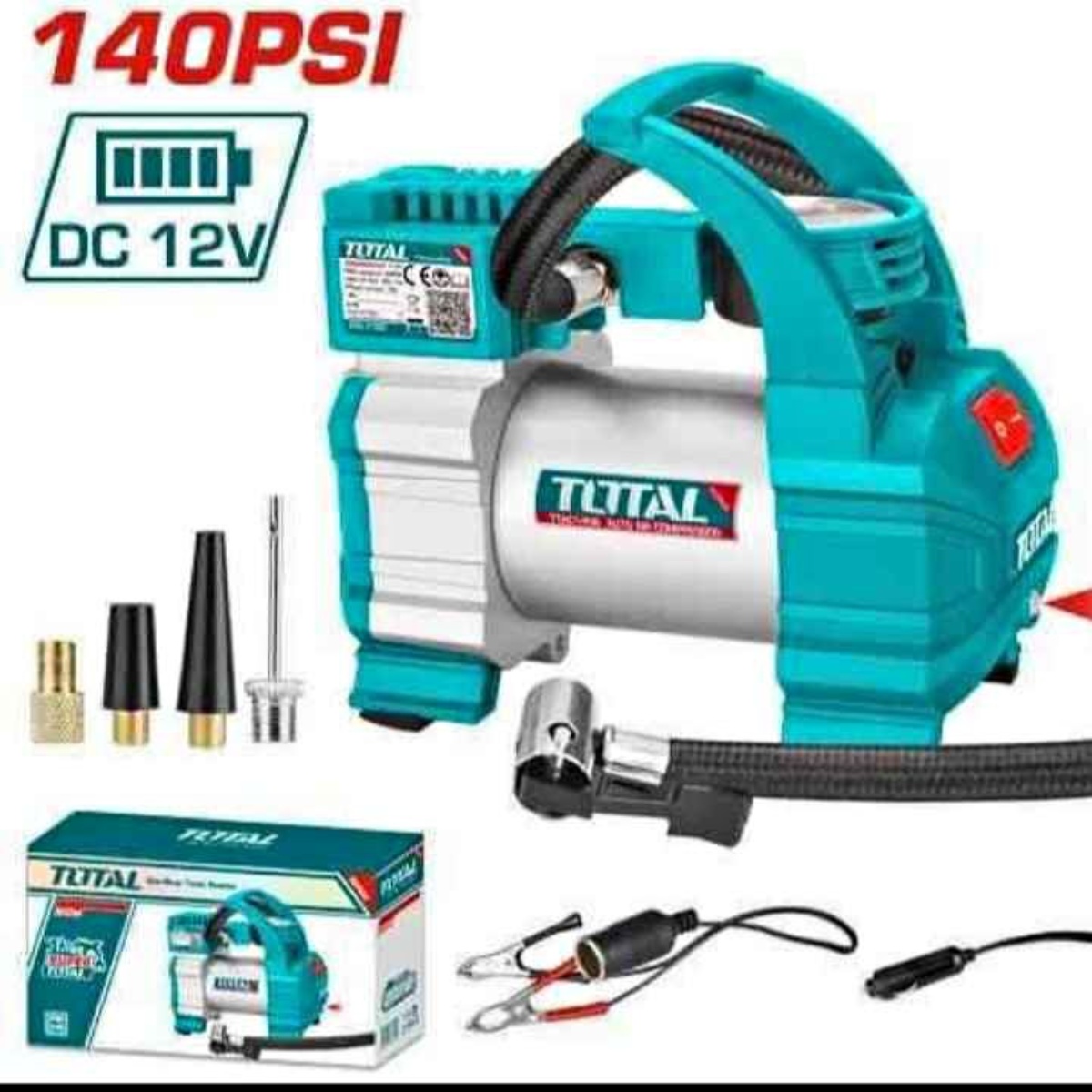 Compresor de aire 12V para auto , 140 PSI, Luz LED, encendedor, 4 boquillas.