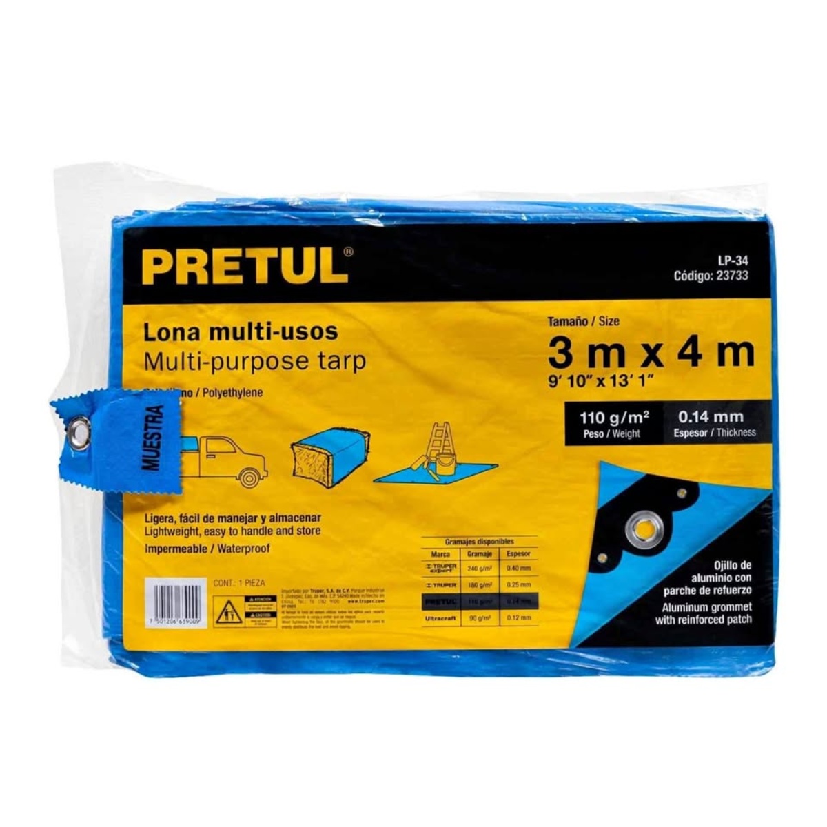 Lona de polietileno 3 x 4 m, azul, multiusos, PRETUL