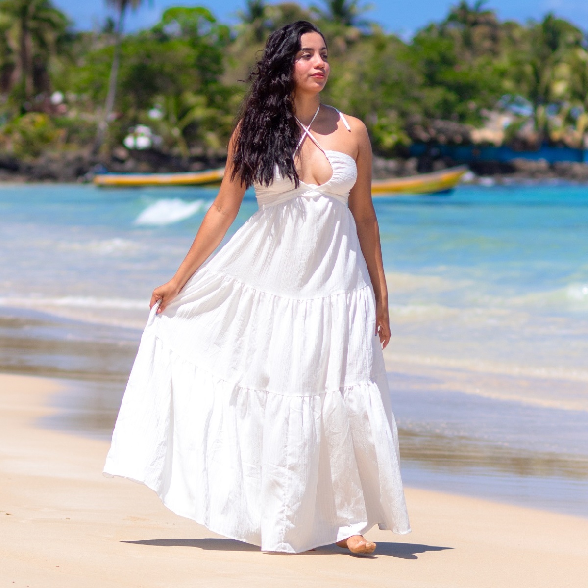 Vestido de gasa para mujer sin espalda con cuello halter y cola larga para vacaciones