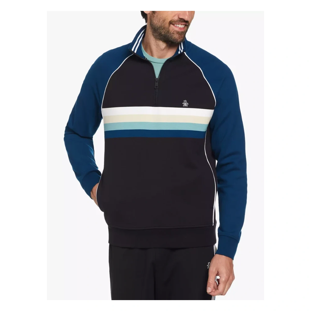Buzo Original Penguin Quarter Zip – Negro y Azul con Rayas