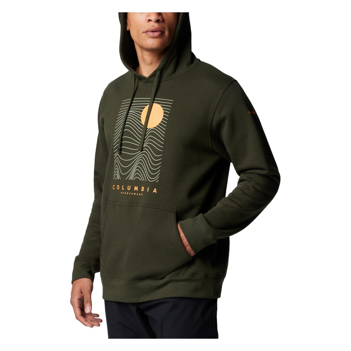 Hoodie Columbia Verde Oliva – Sudadera con Estampado Sol y Ondas