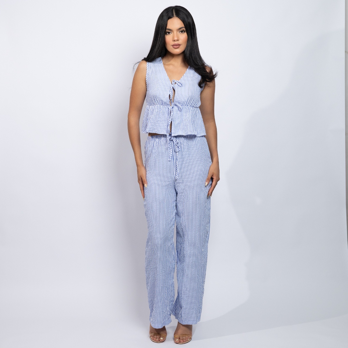 Set de 2 piezas, pantalones rectos y camisa con cordones para verano