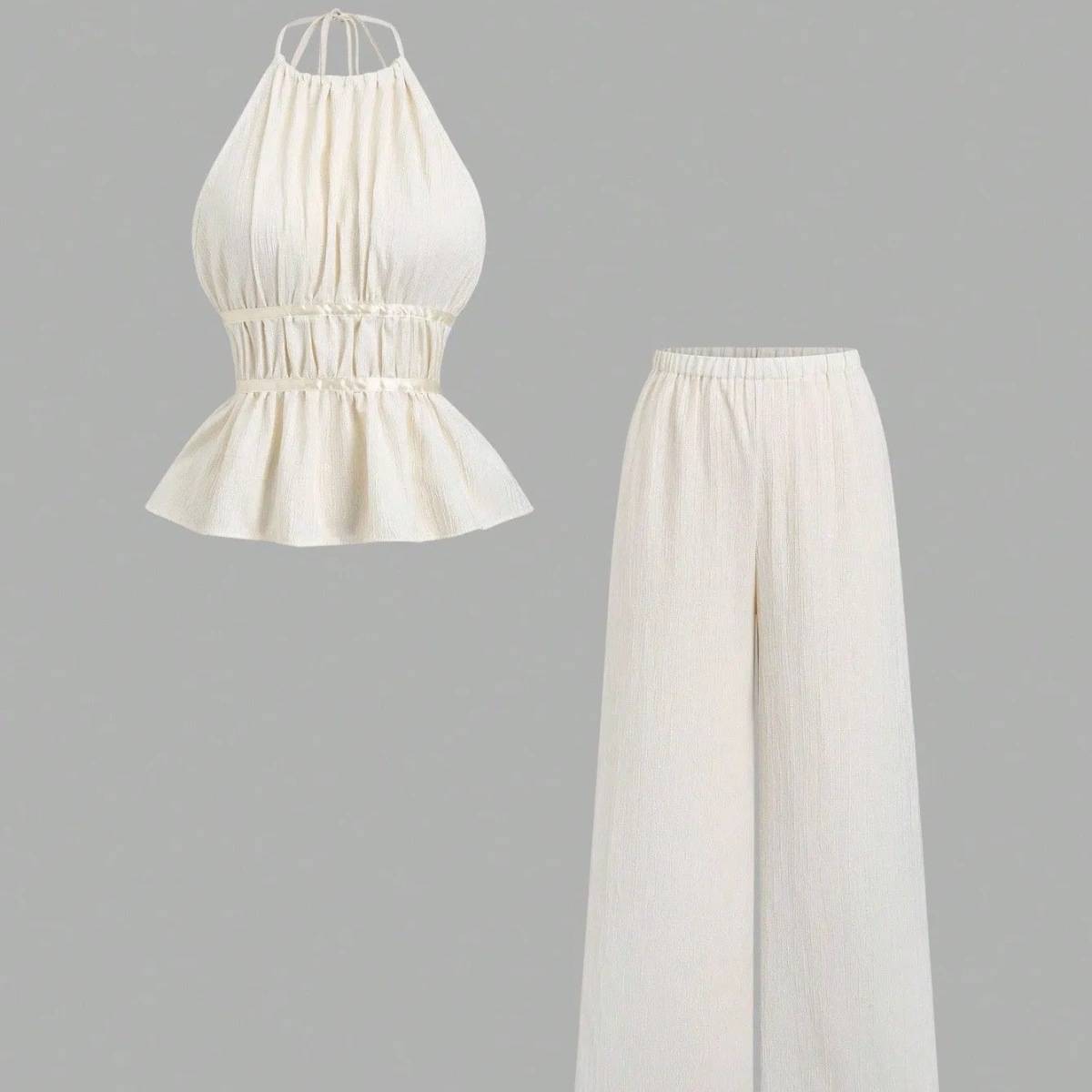 Set de 2 piezas Top beige con lazo en la cintura y pantalones anchos